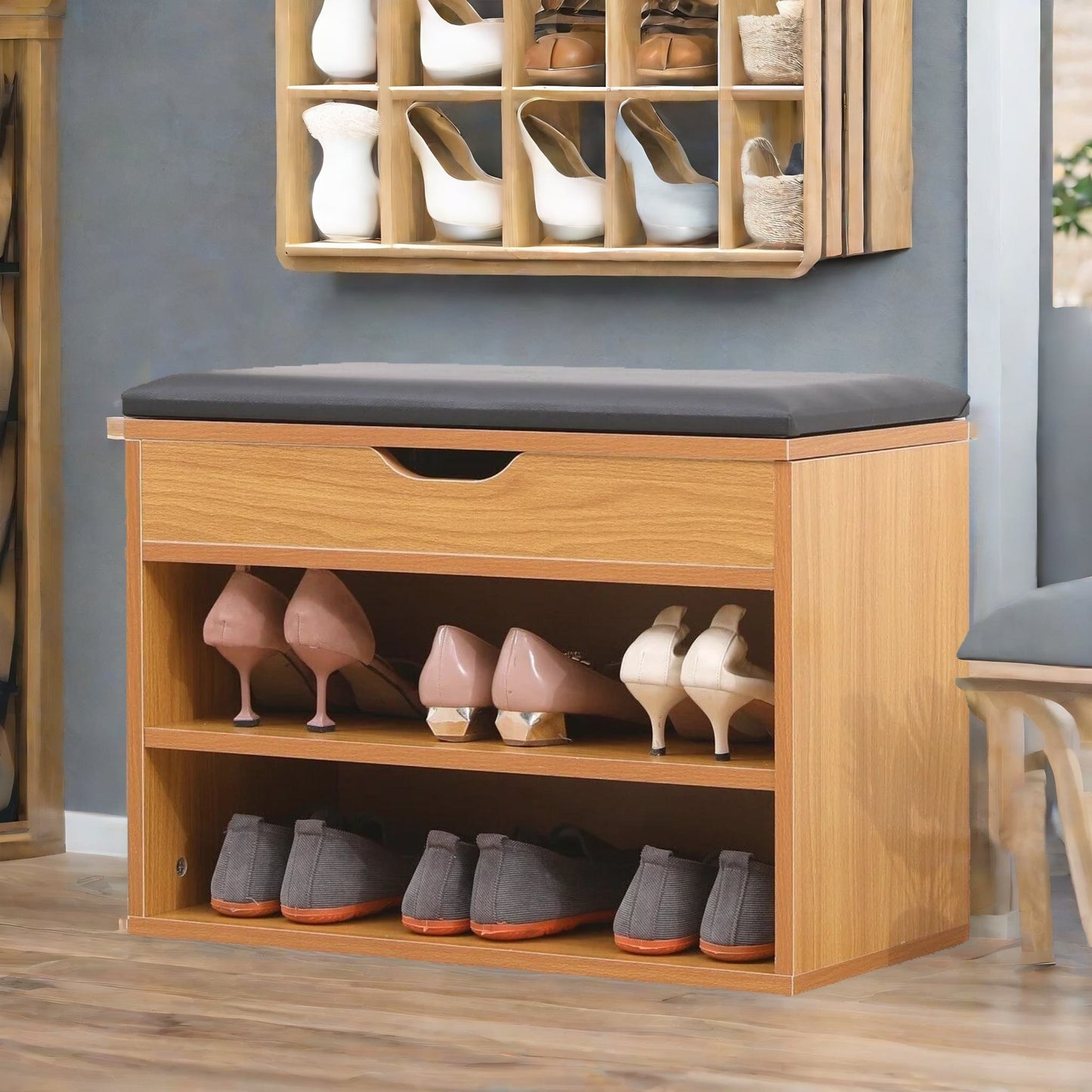 wooden shoe storage bench with cushioned seat 60cm