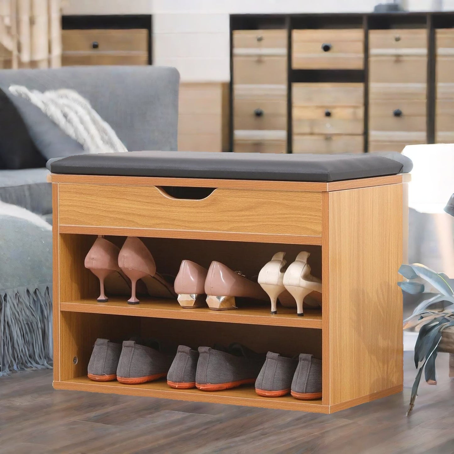 wooden shoe storage bench with cushioned seat 60cm