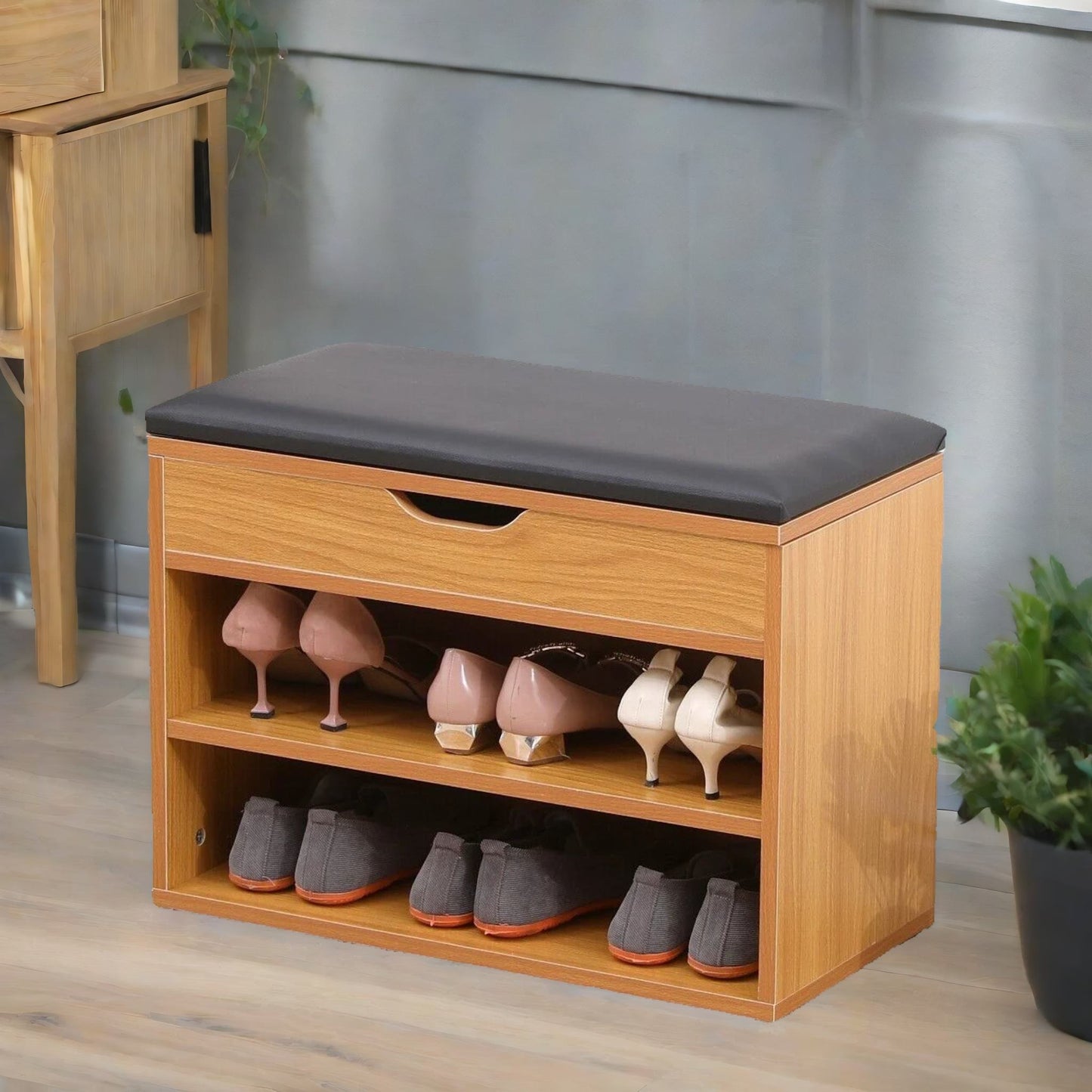 wooden shoe storage bench with cushioned seat 60cm