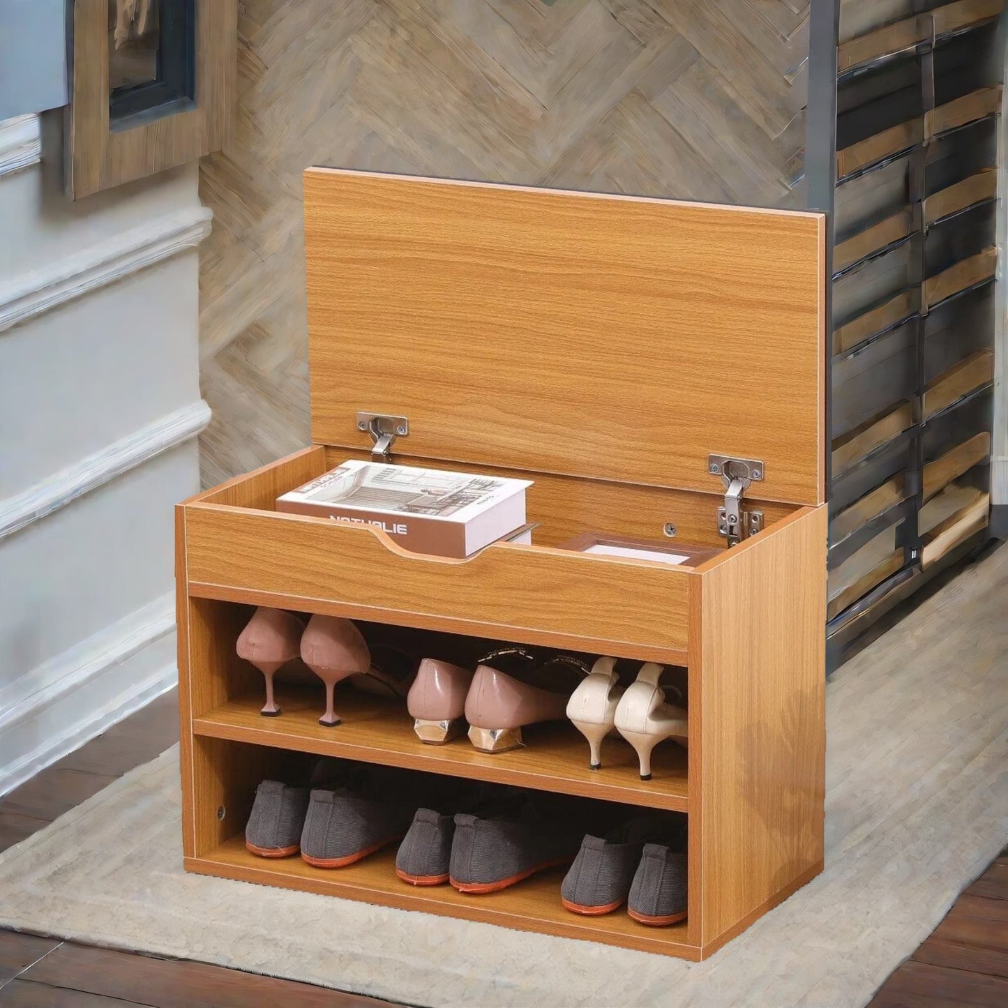 wooden shoe storage bench with cushioned seat 60cm