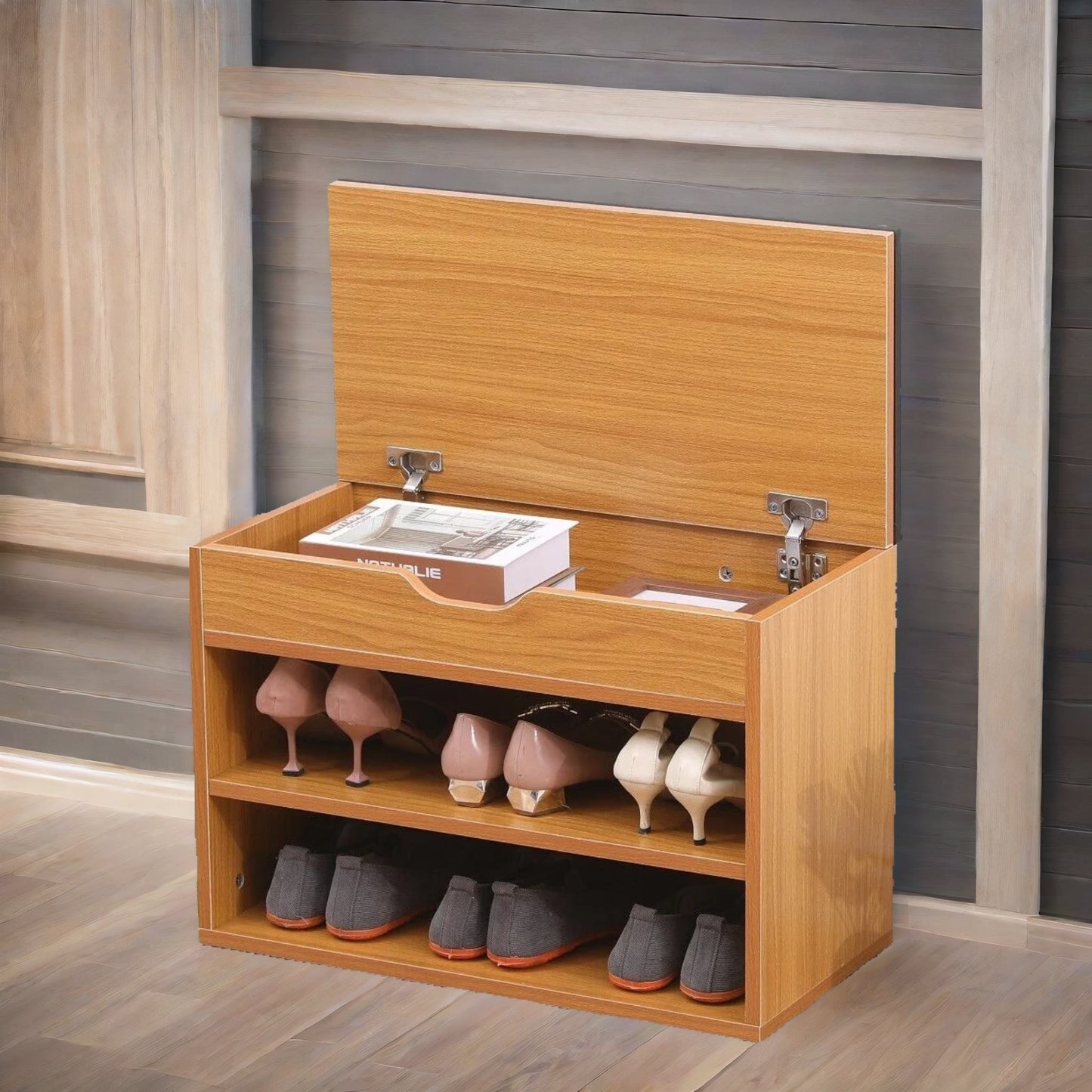 wooden shoe storage bench with cushioned seat 60cm