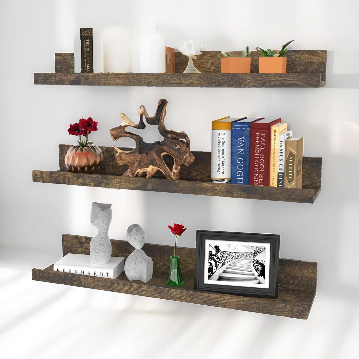 set of 3 wall mounted shelves industrial rustic brown