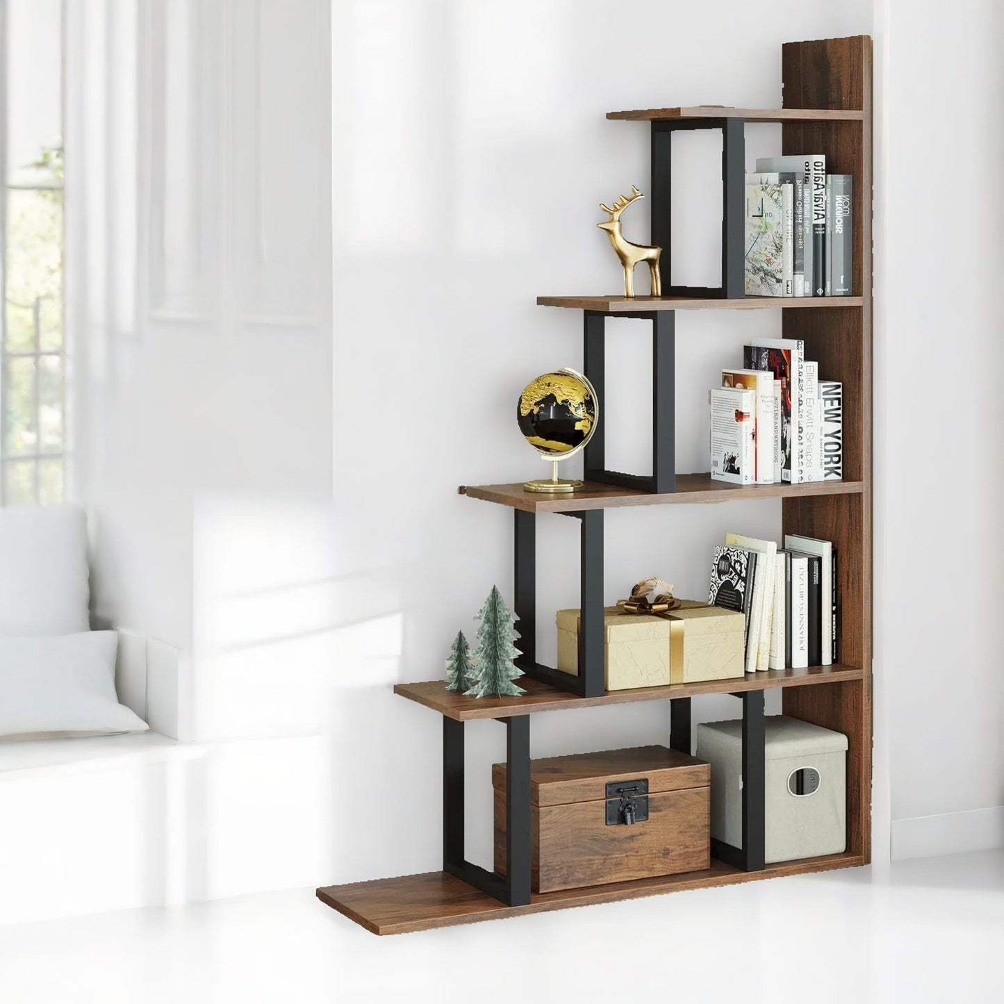 5 tier stepped book shelf industrial rustic brown