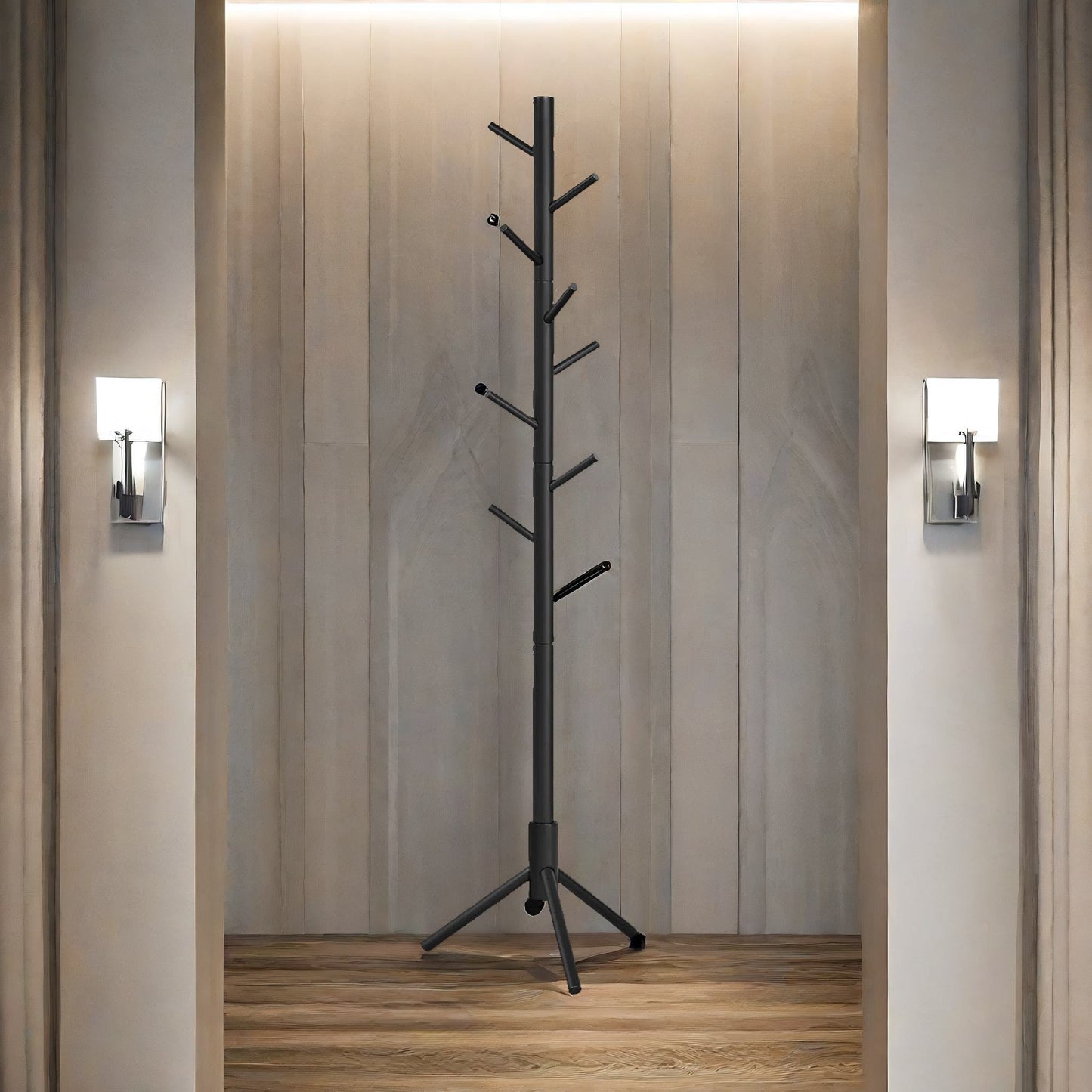 wooden coat stand with 8 hooks black