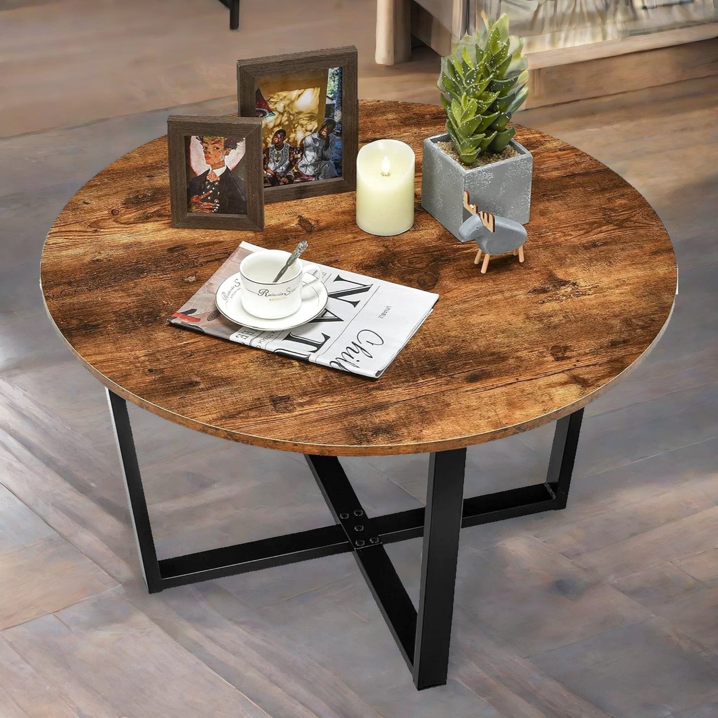 industrial 80cm round coffee table rustic brown