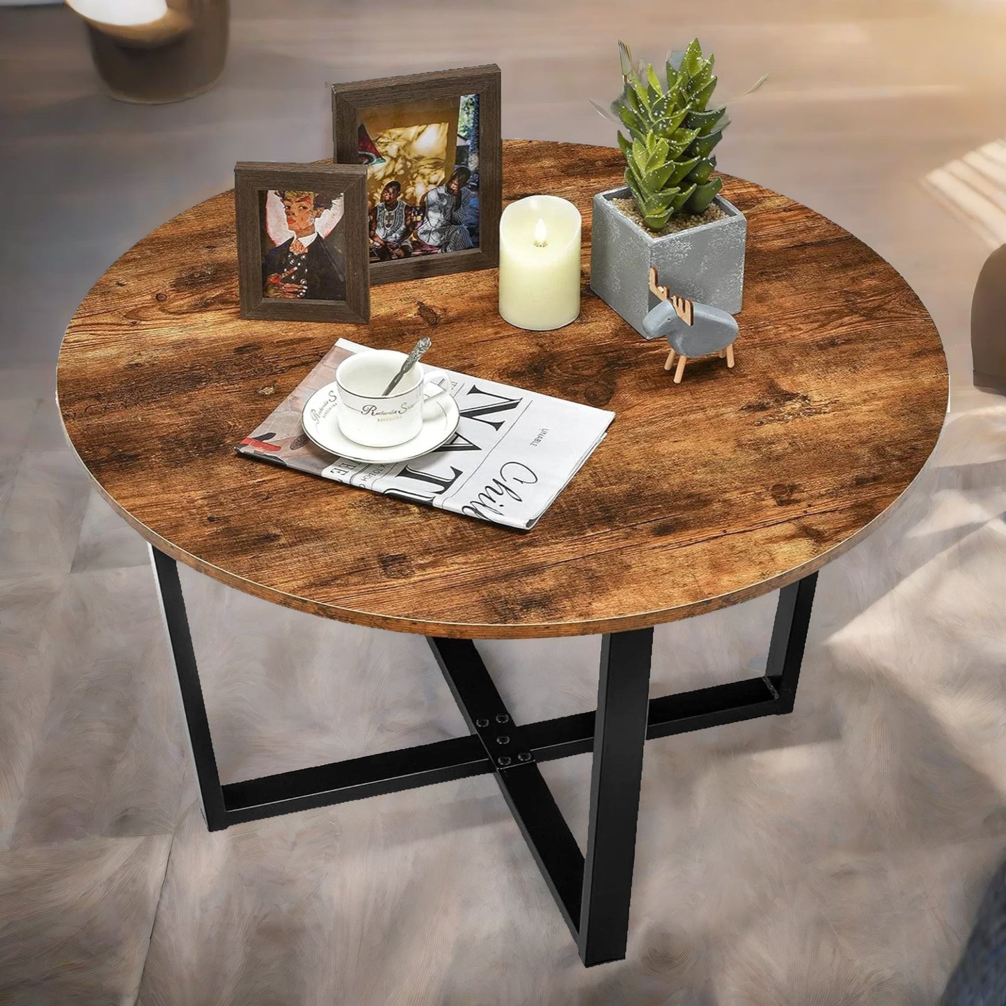 industrial 80cm round coffee table rustic brown