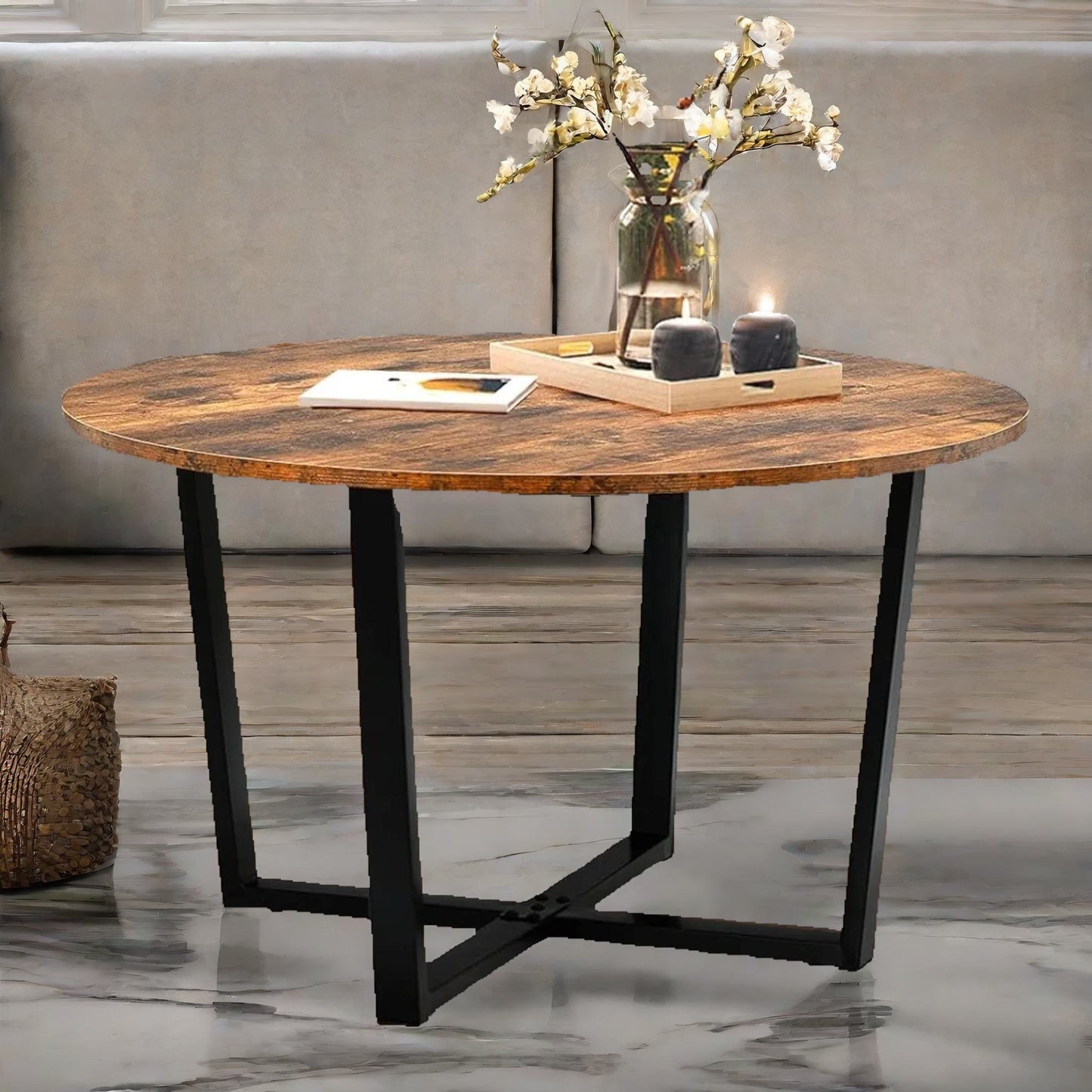 industrial 80cm round coffee table rustic brown