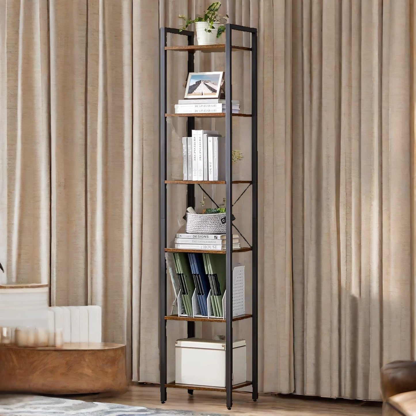 187.5cm tall bookcase industrial rustic brown free-standing