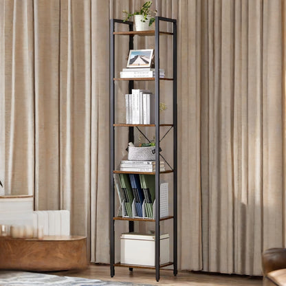 187.5CM Tall Bookcase Industrial Rustic Brown Free-Standing