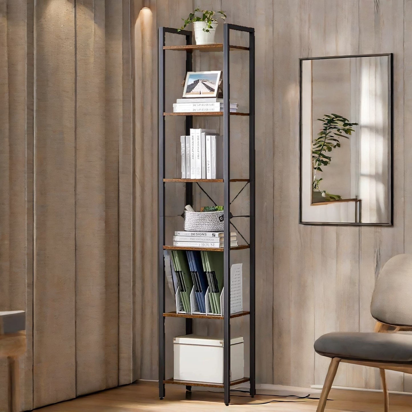 187.5cm tall bookcase industrial rustic brown free-standing