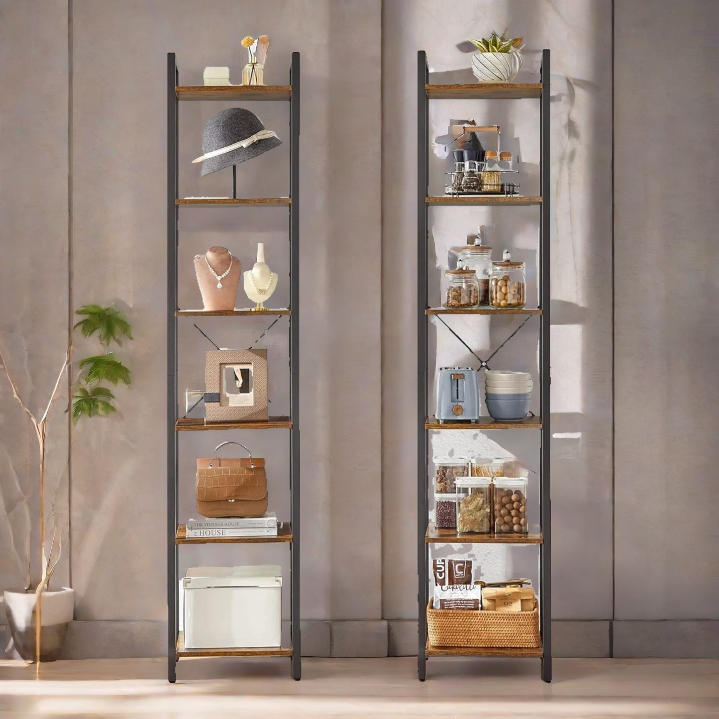 187.5cm tall bookcase industrial rustic brown free-standing