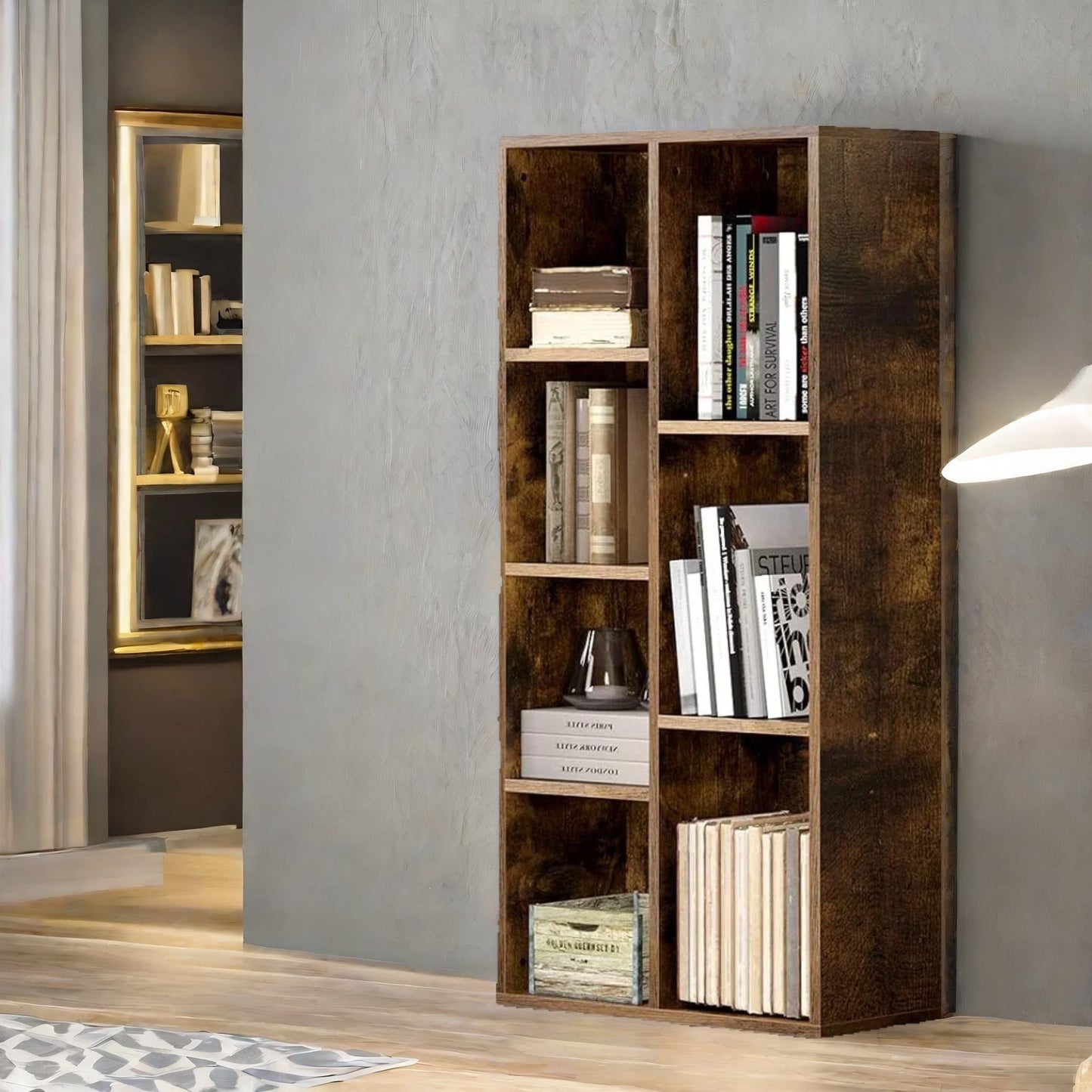 industrial 7 compartment book shelf rustic brown