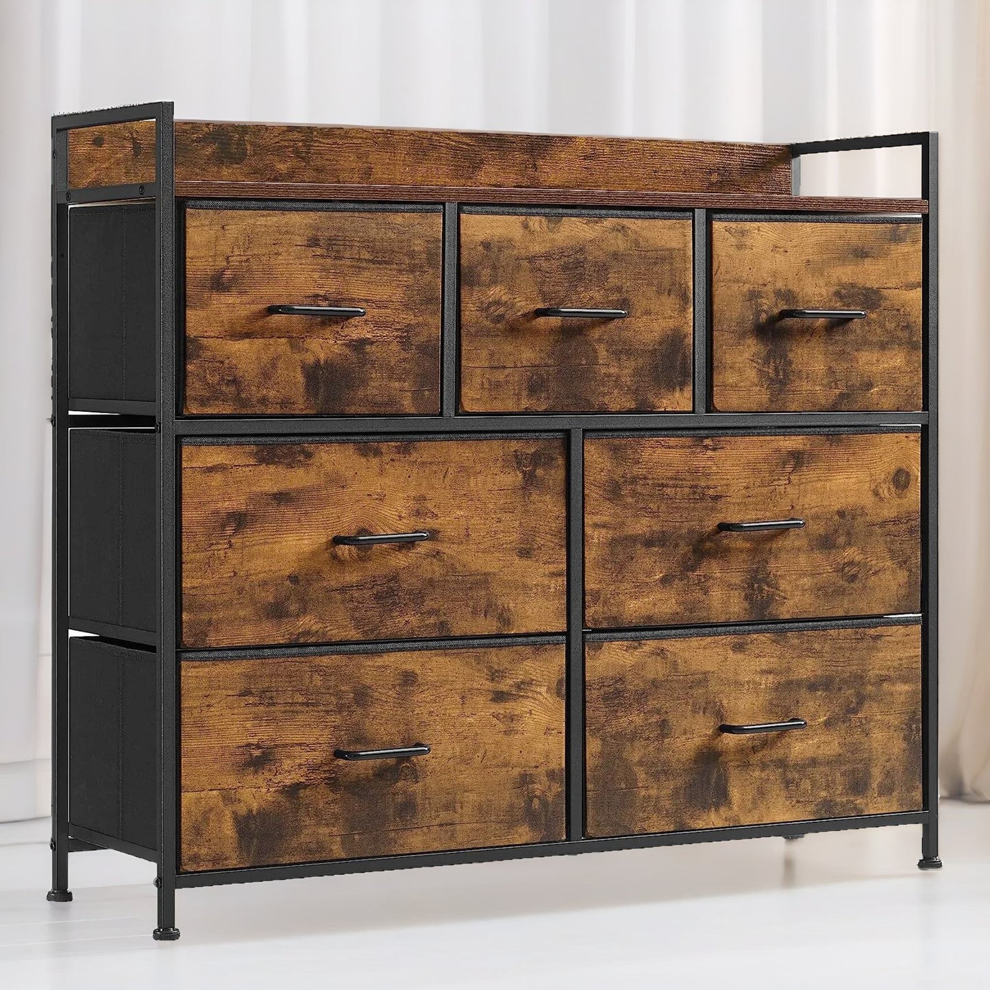 industrial rustic brown chest with 7 fabric drawers