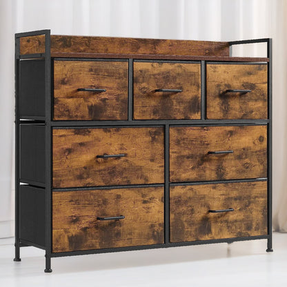 Industrial Rustic Brown Chest With 7 Fabric Drawers