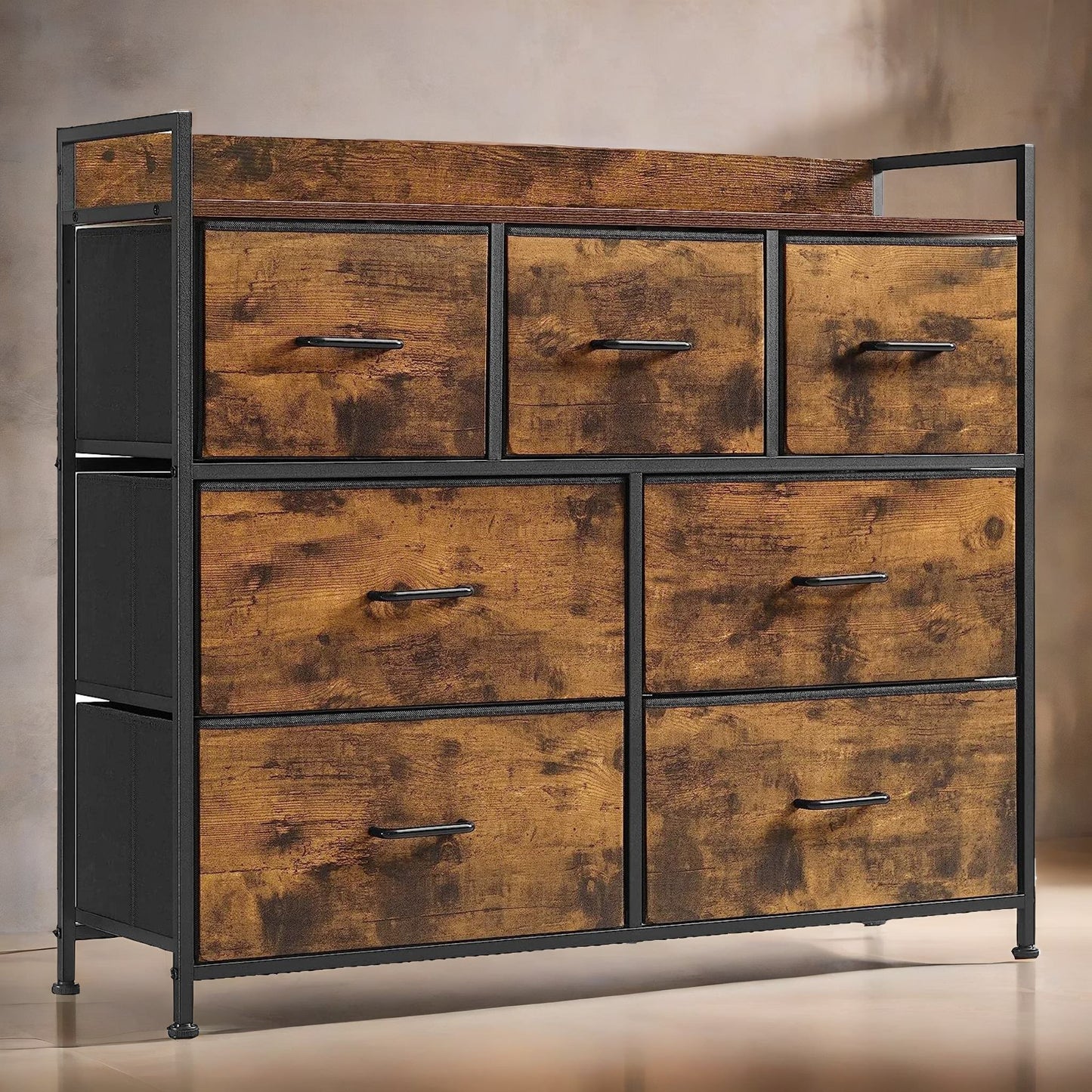 industrial rustic brown chest with 7 fabric drawers