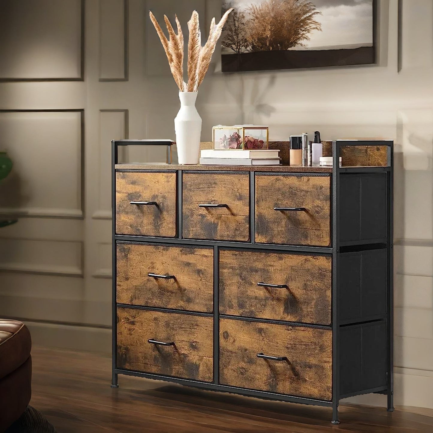 industrial rustic brown chest with 7 fabric drawers