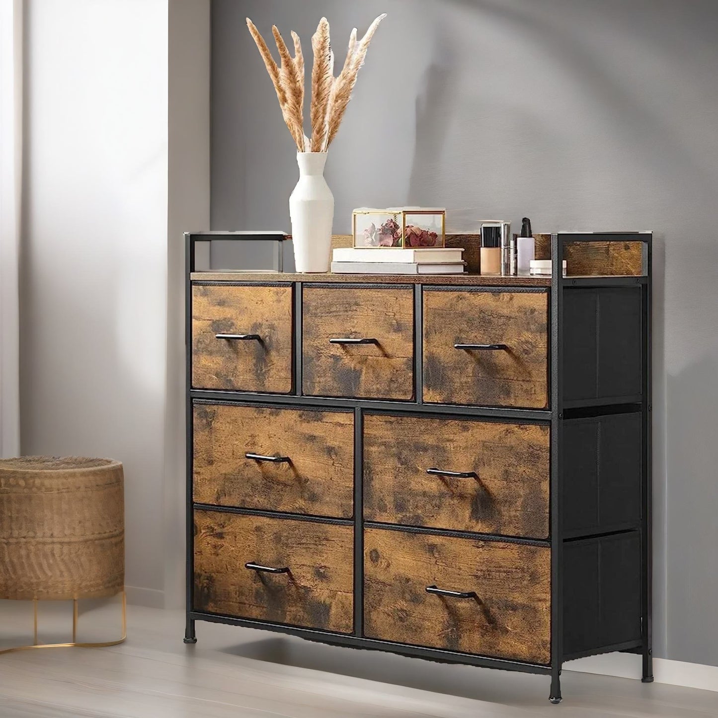 industrial rustic brown chest with 7 fabric drawers