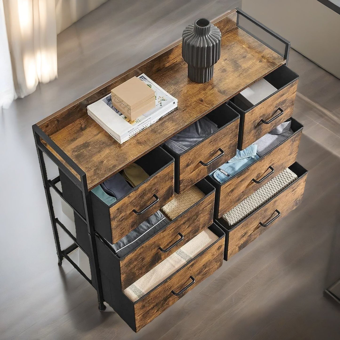 industrial rustic brown chest with 7 fabric drawers