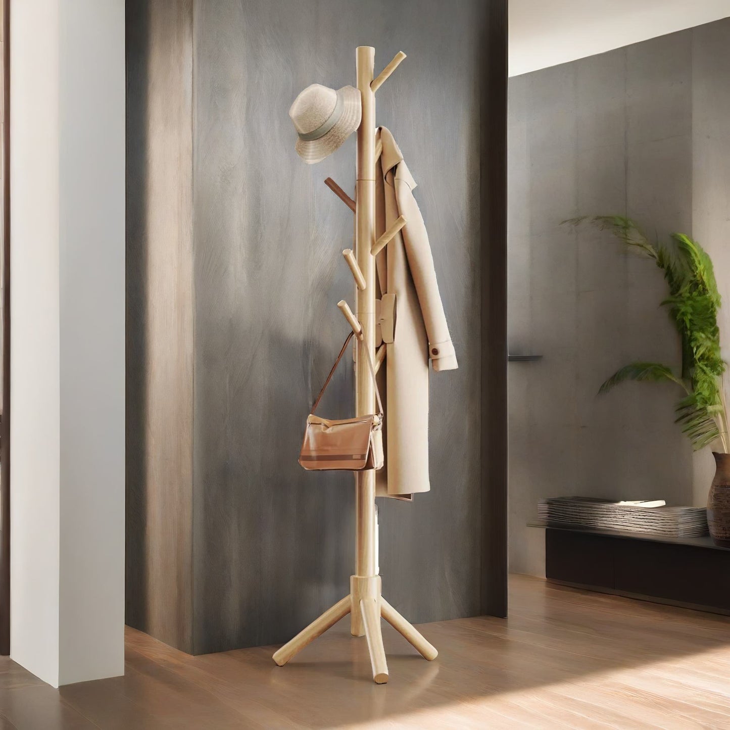 wooden coat stand stand with 8 hooks natural brown