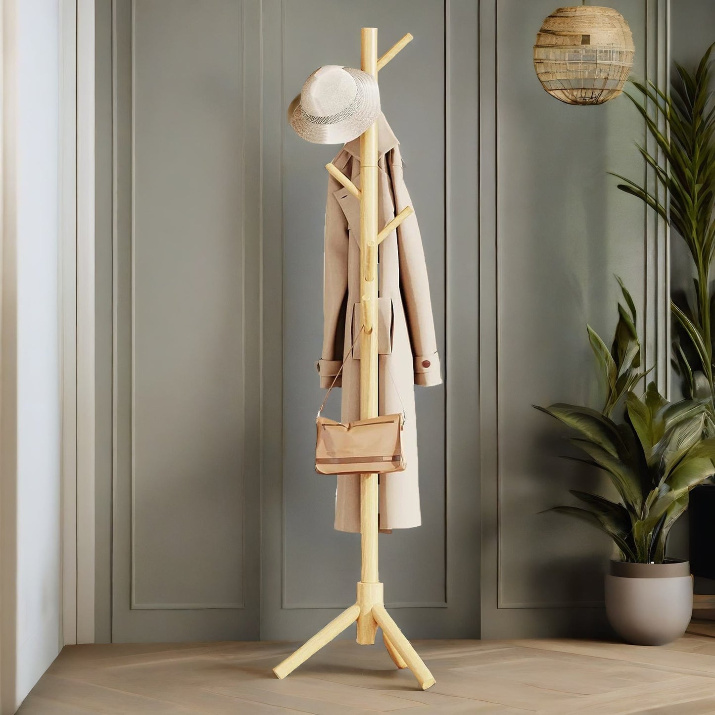 wooden coat stand stand with 8 hooks natural brown