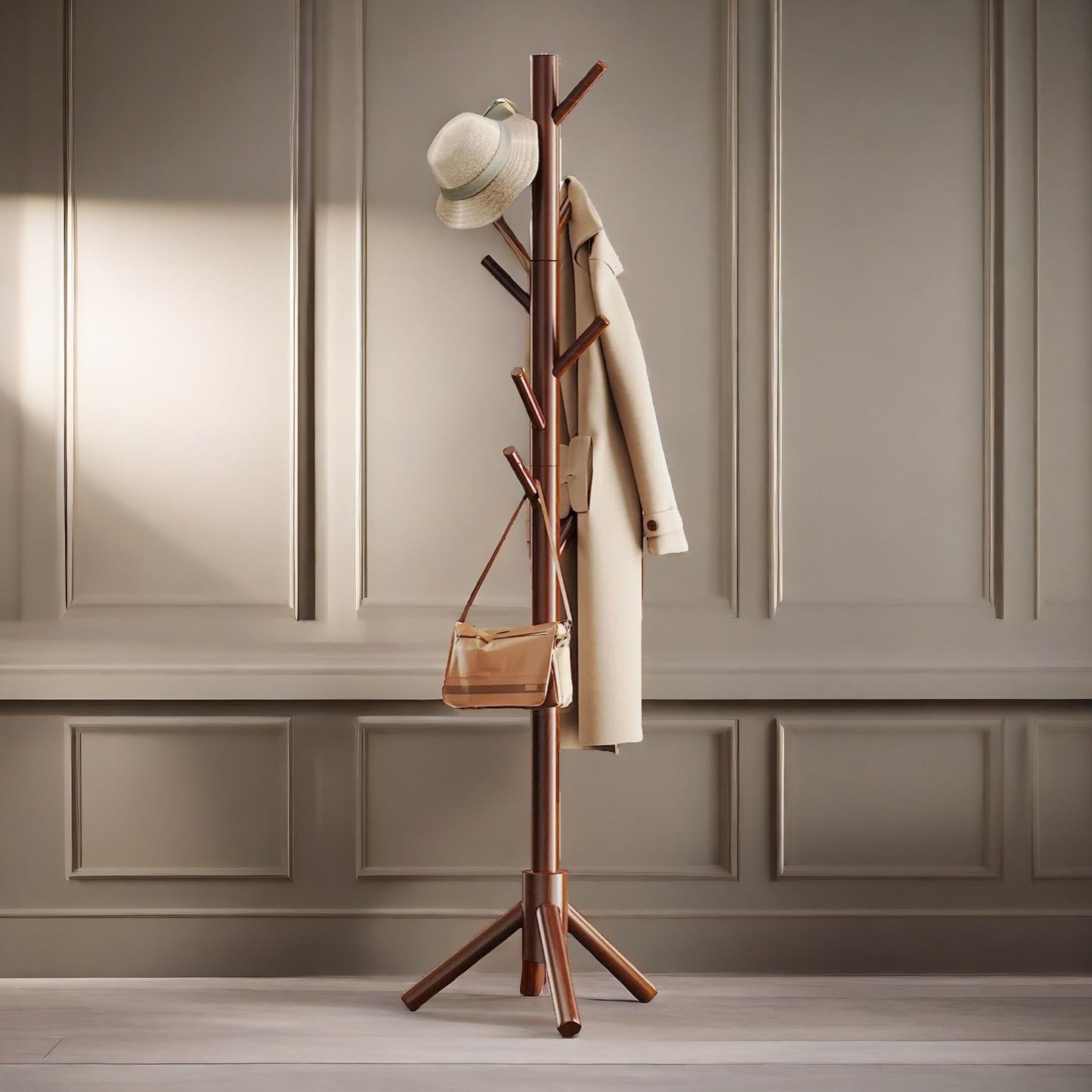 wooden coat stand stand with 8 hooks brown