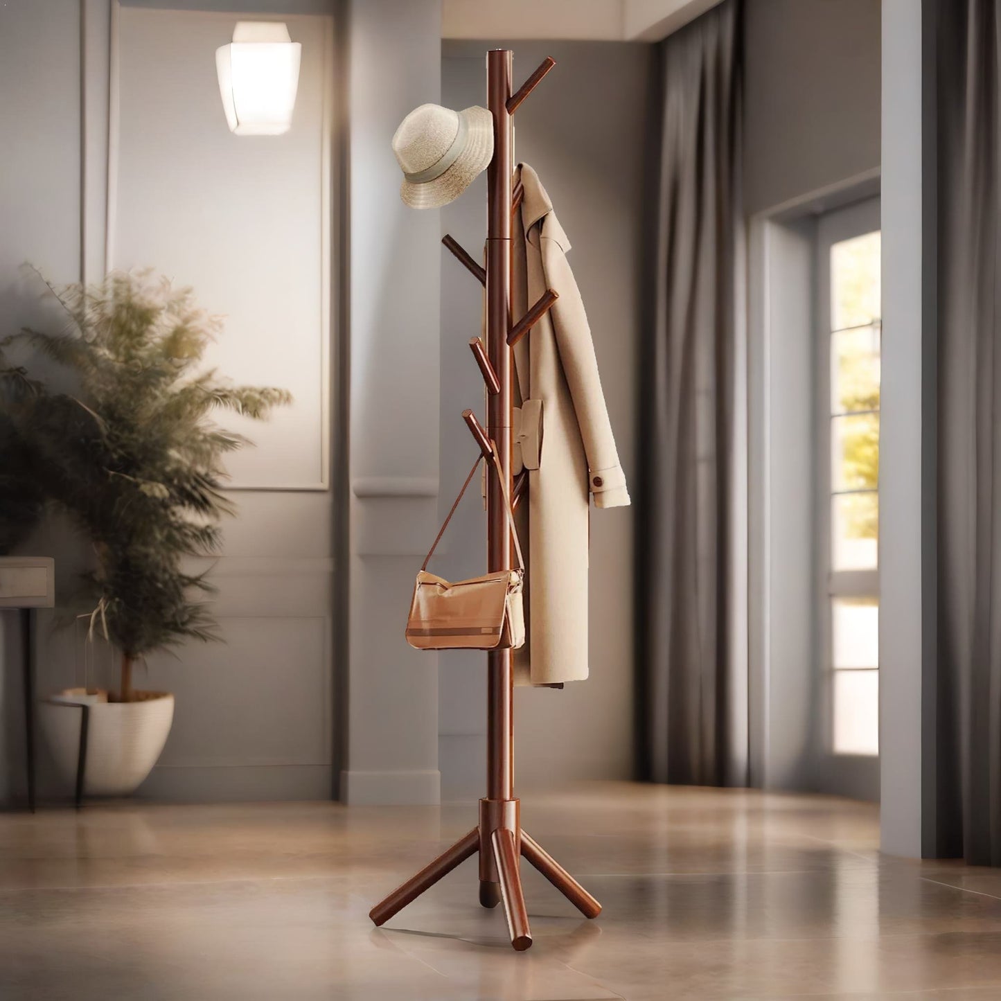 wooden coat stand stand with 8 hooks brown