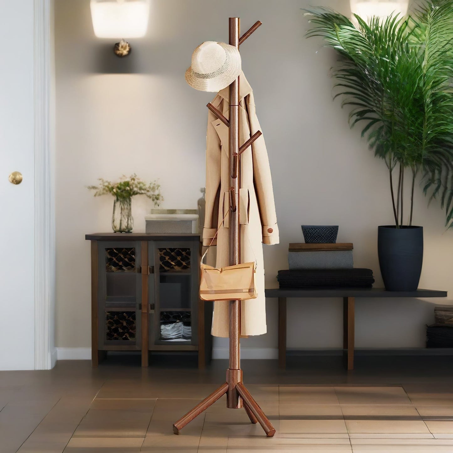 wooden coat stand stand with 8 hooks brown