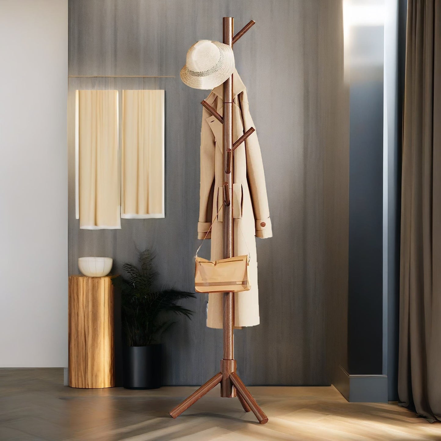 wooden coat stand stand with 8 hooks brown