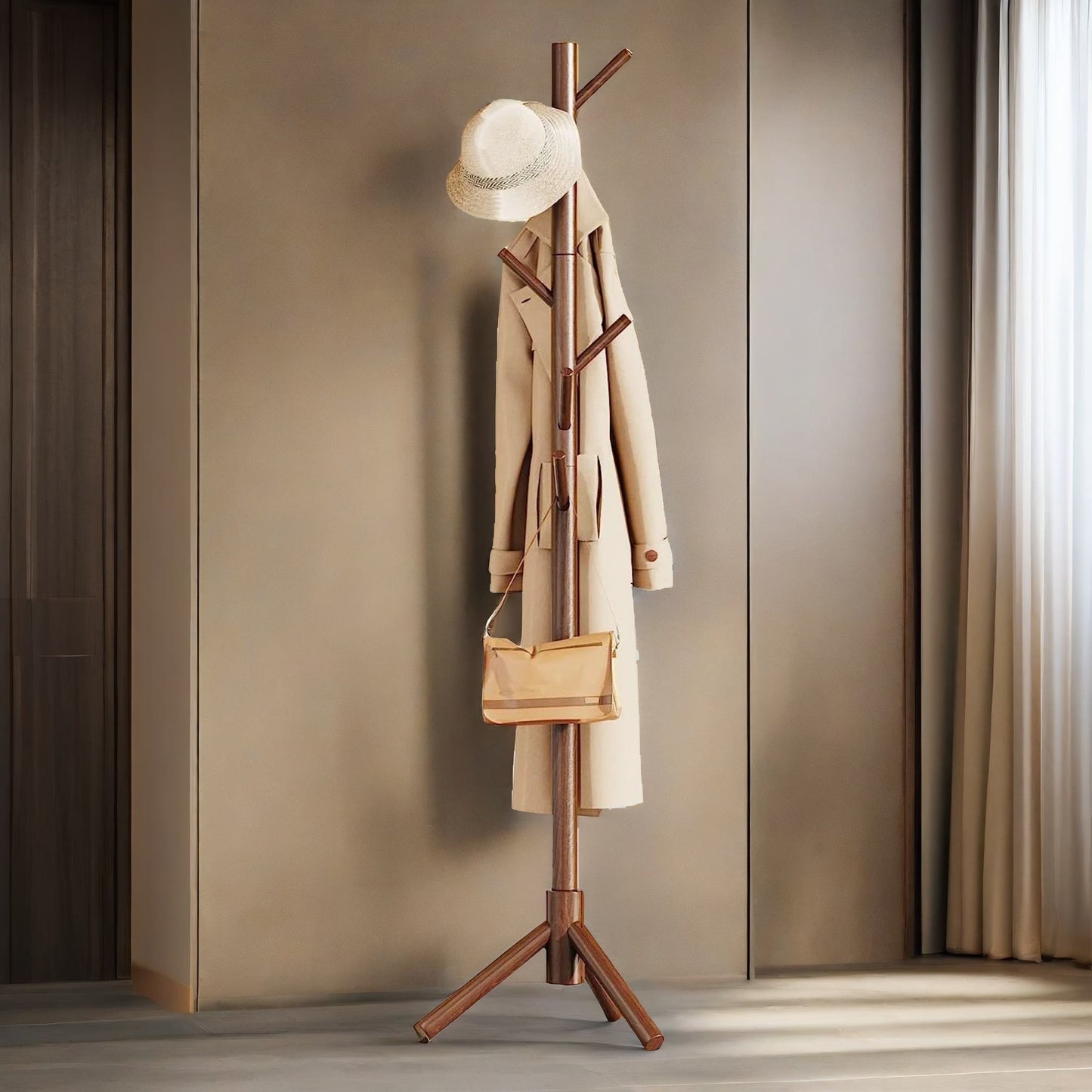 wooden coat stand stand with 8 hooks brown