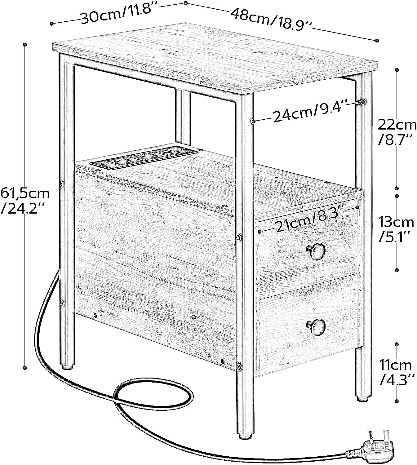 bedside table with power outlet & usb ports greige