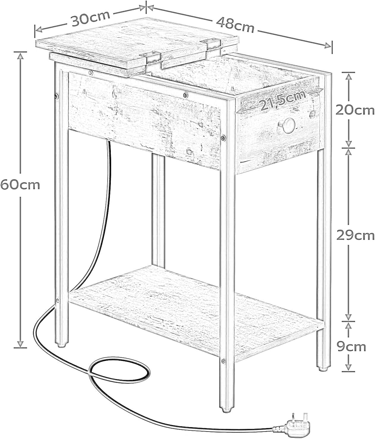 narrow bedside table with power & usb outlets