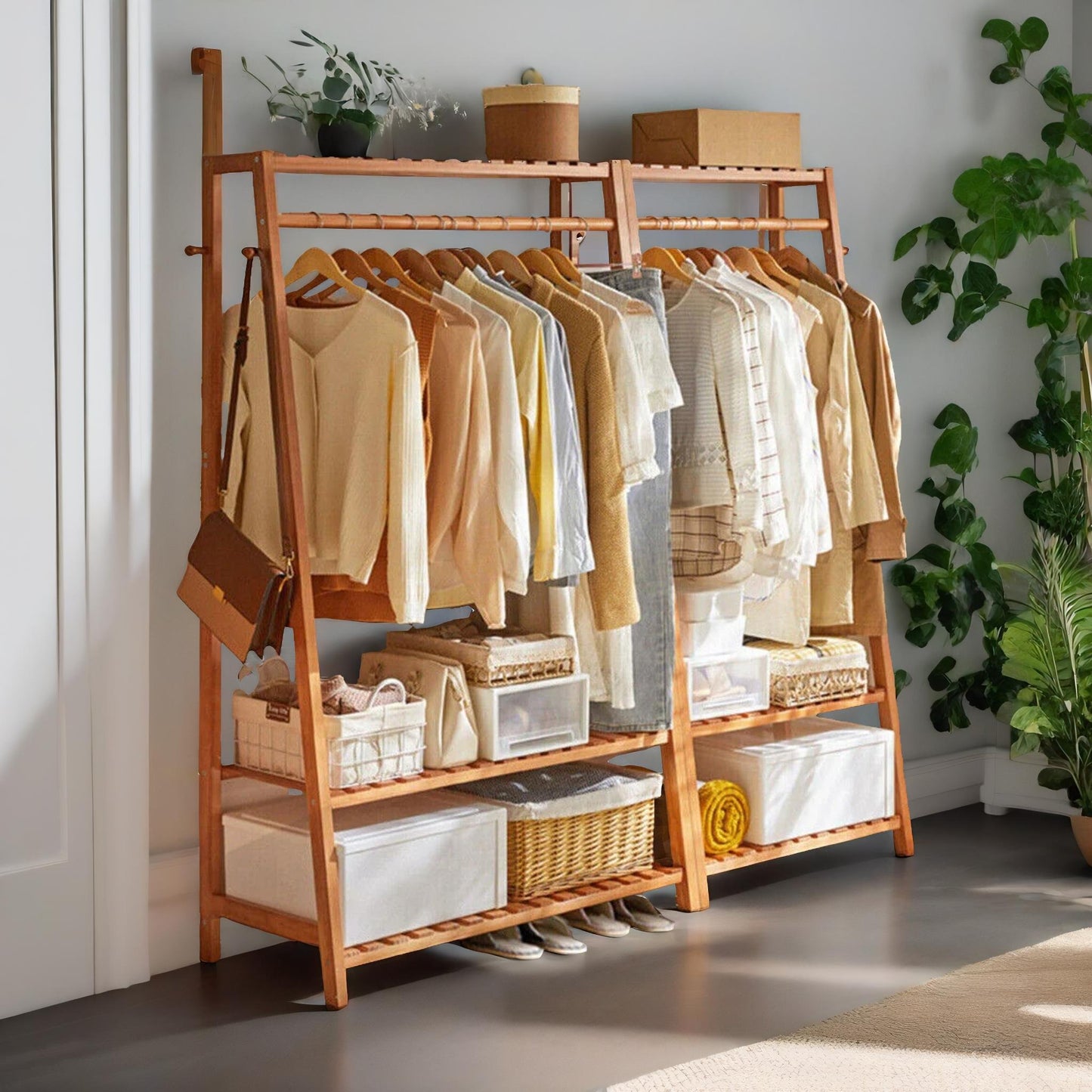 bamboo clothes rail with 2 shelves