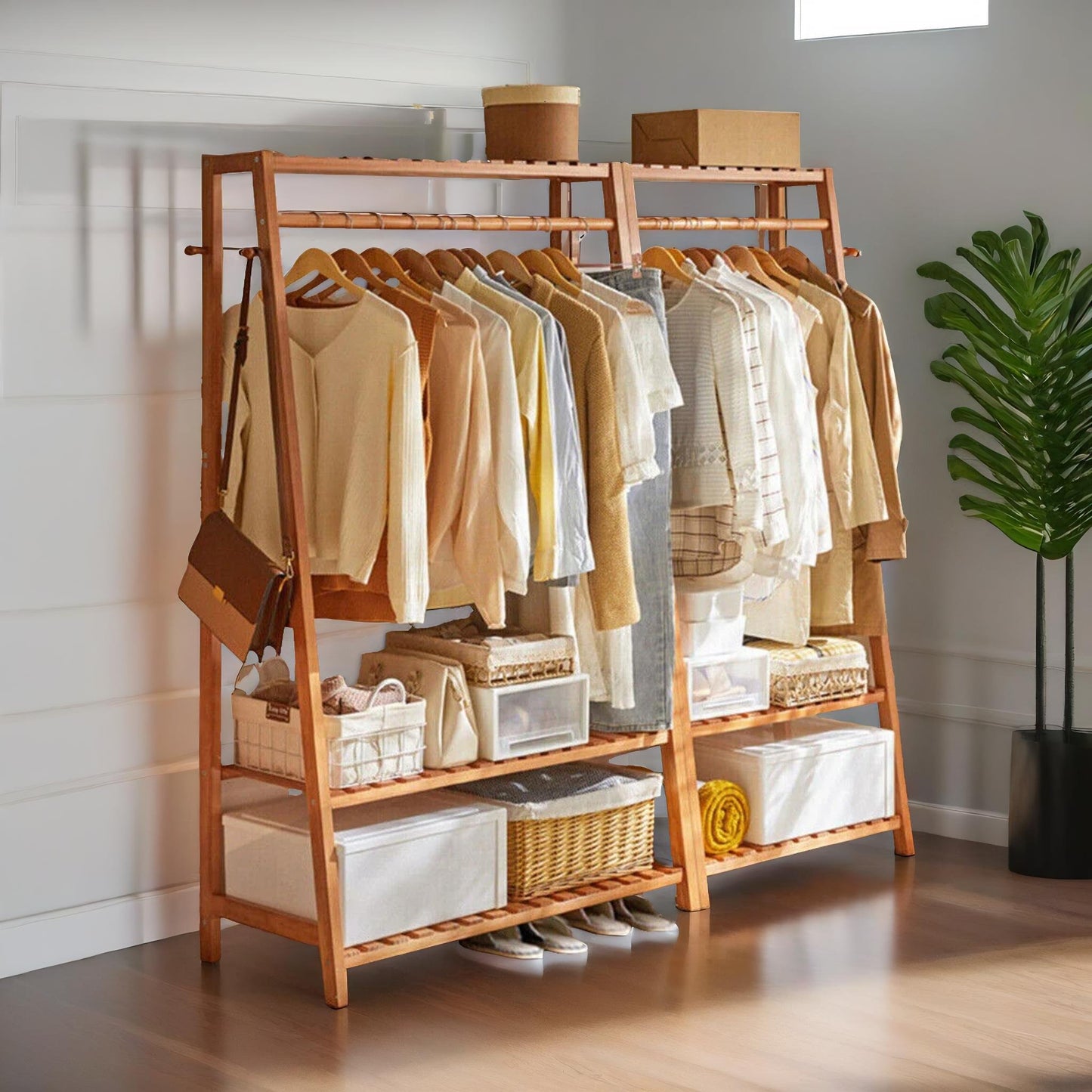 bamboo clothes rail with 2 shelves