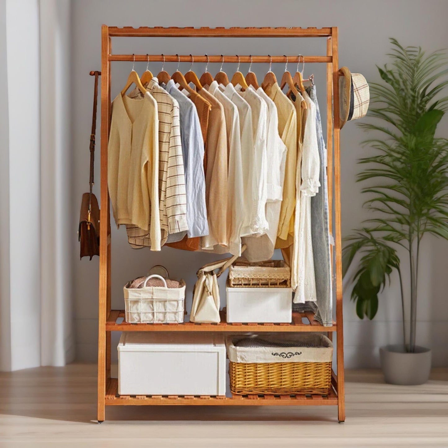 bamboo clothes rail with 2 shelves