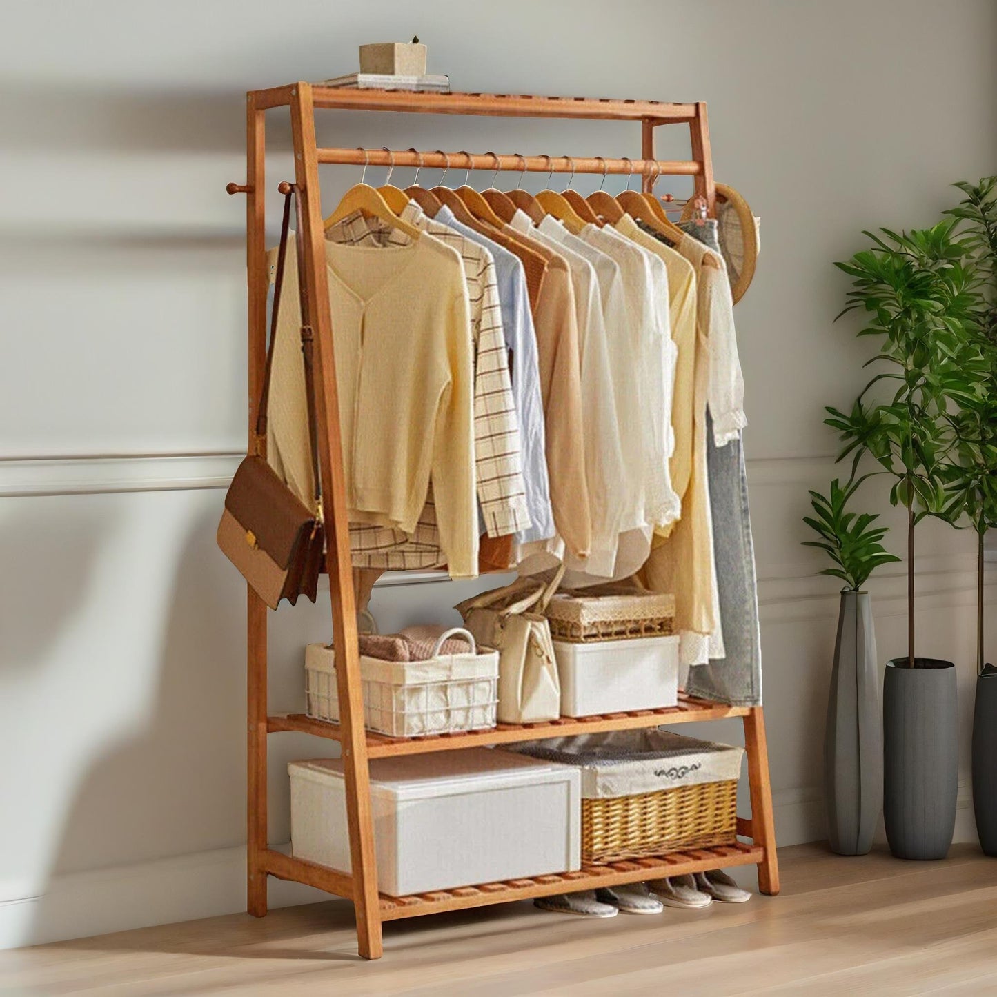 bamboo clothes rail with 2 shelves