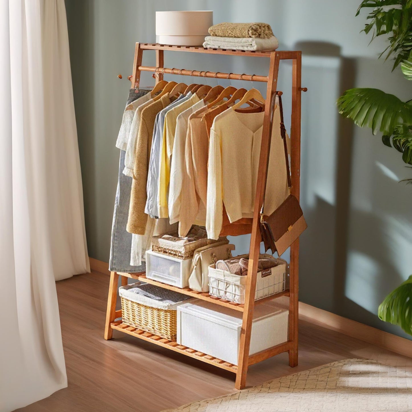 bamboo clothes rail with 2 shelves