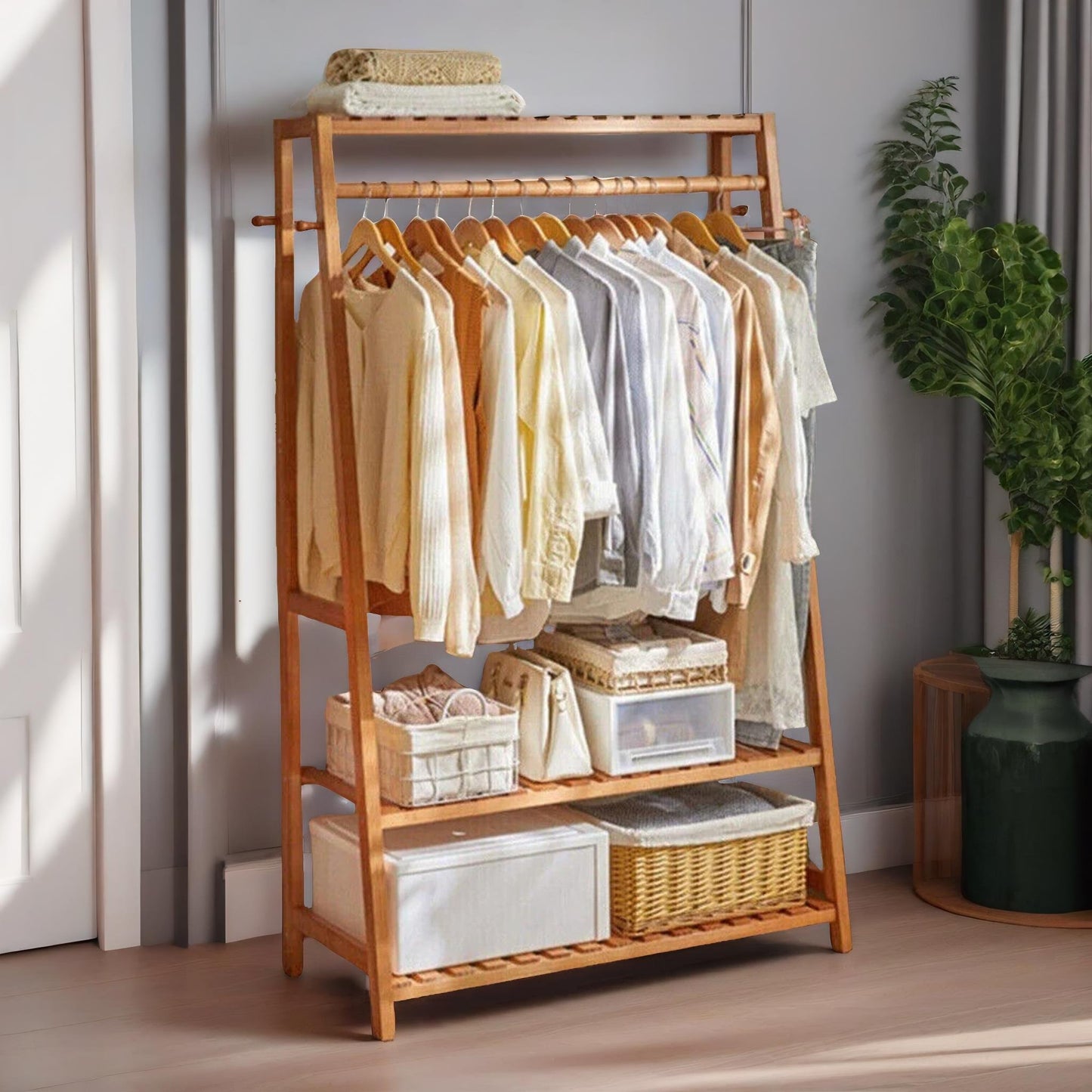 bamboo clothes rail with 2 shelves