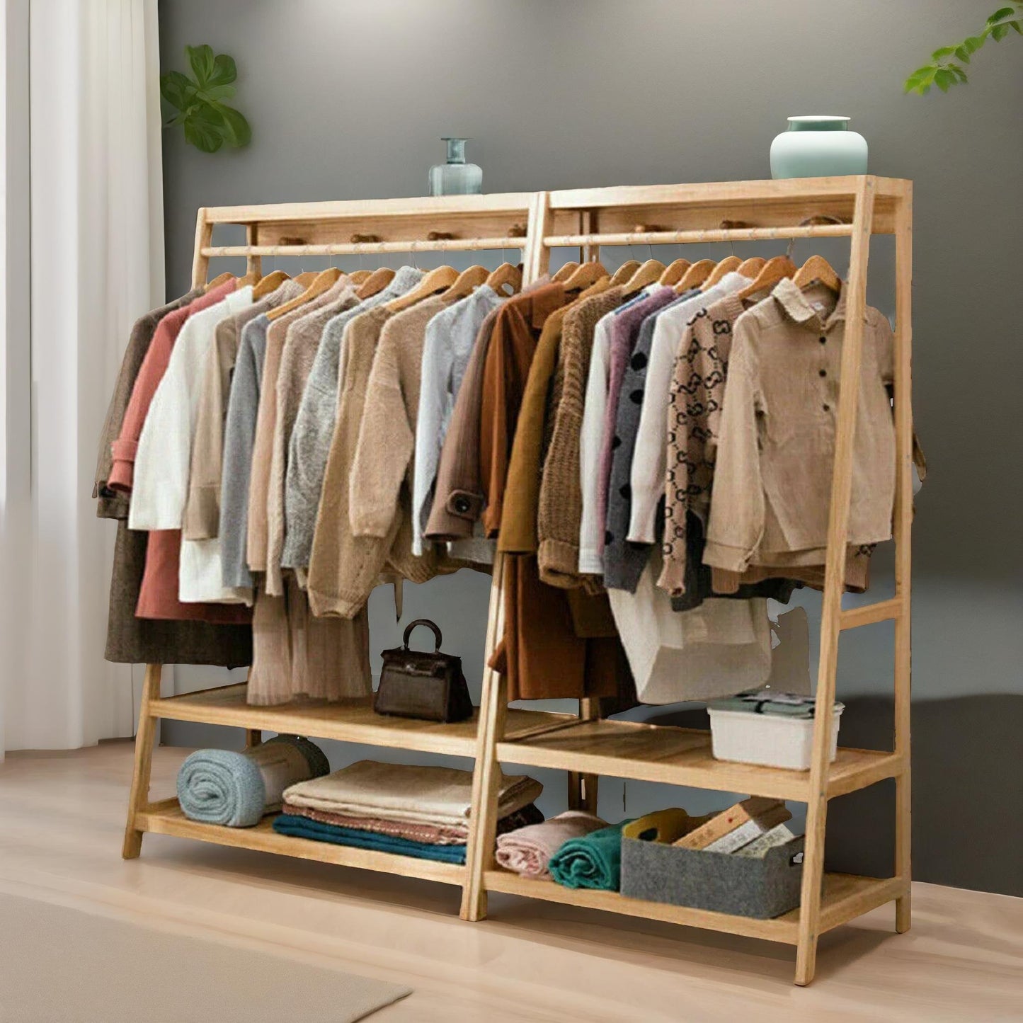 bamboo clothes rail with 2 shelves