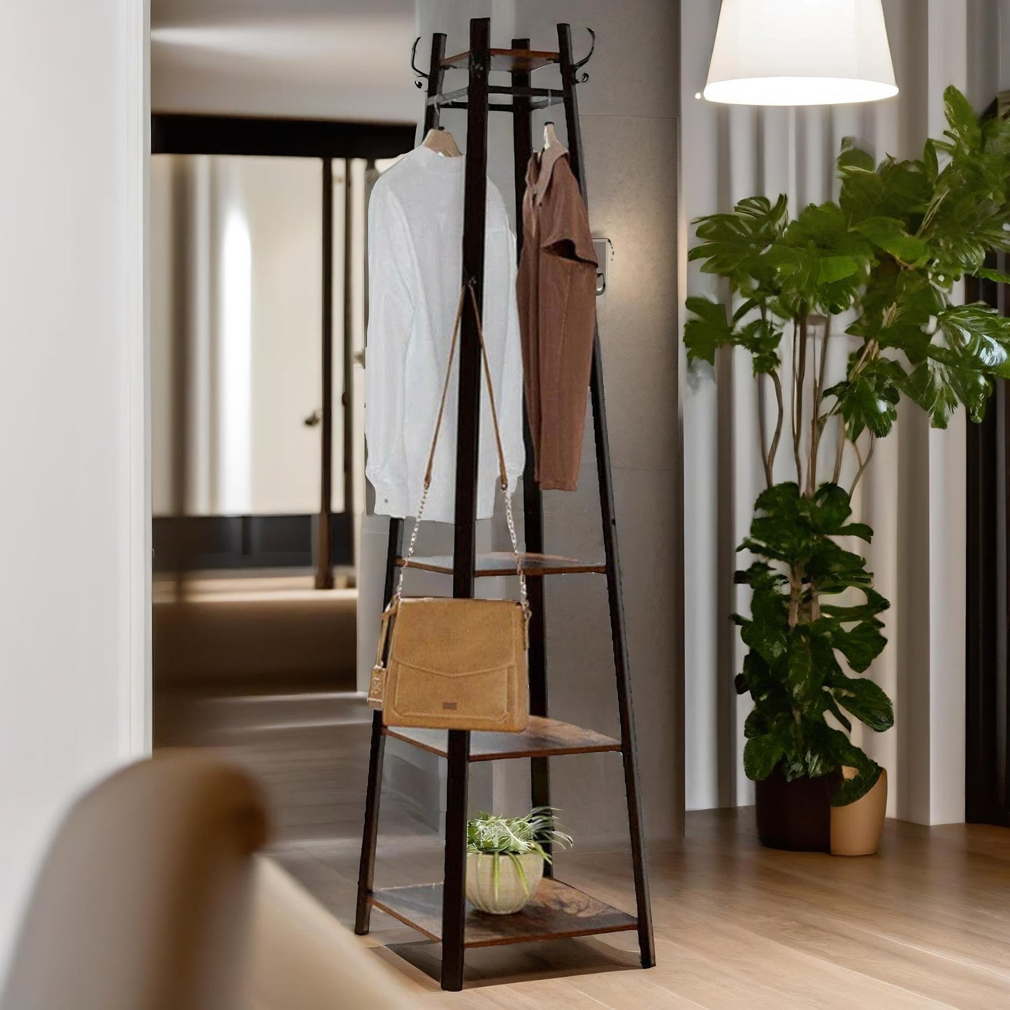 industrial coat stand with 2 shelves