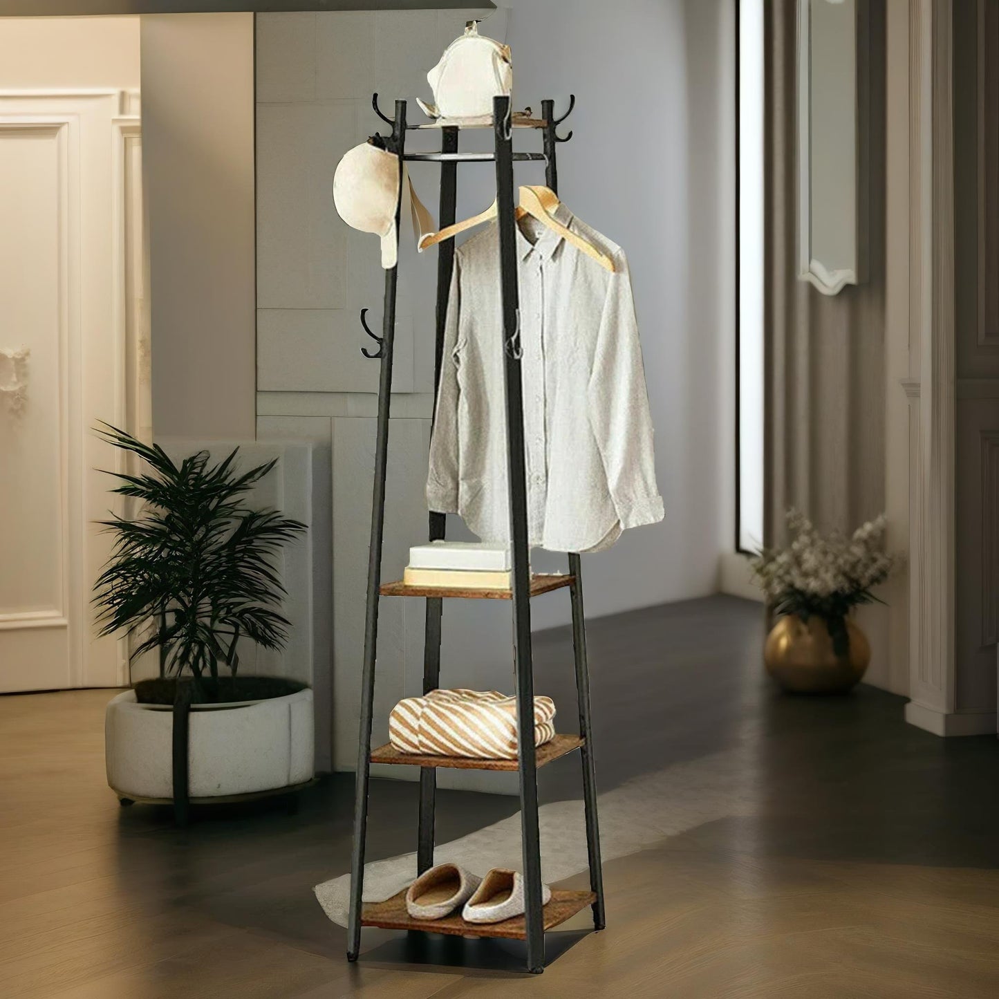 industrial coat stand with 2 shelves