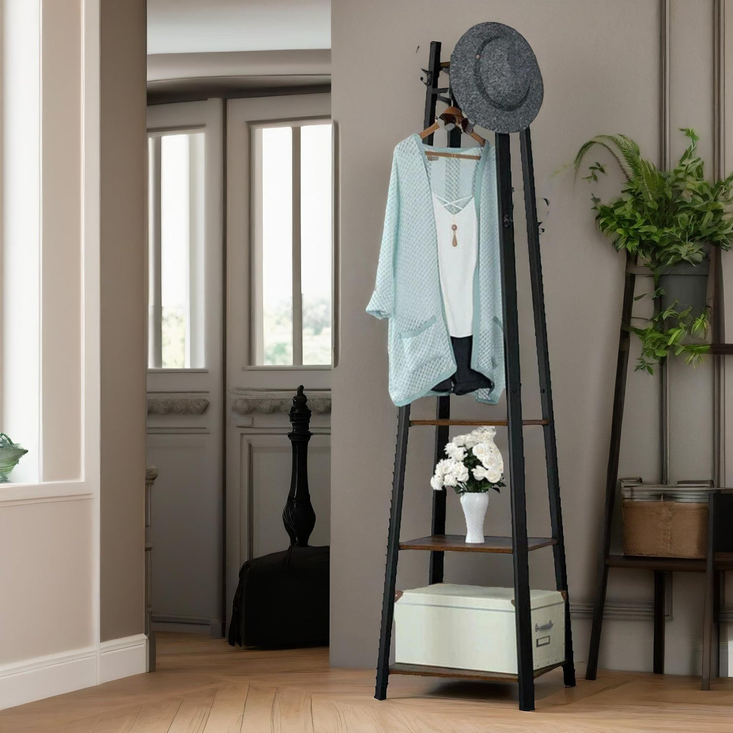 industrial coat stand with 2 shelves