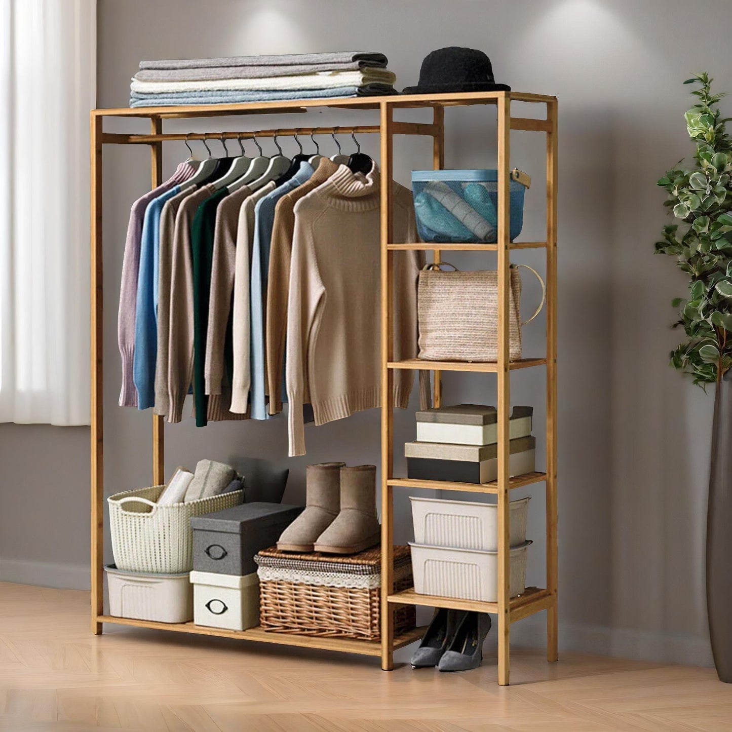 natural wooden bamboo clothes rail with 5 shelves open wardrobe garment rail garment rack