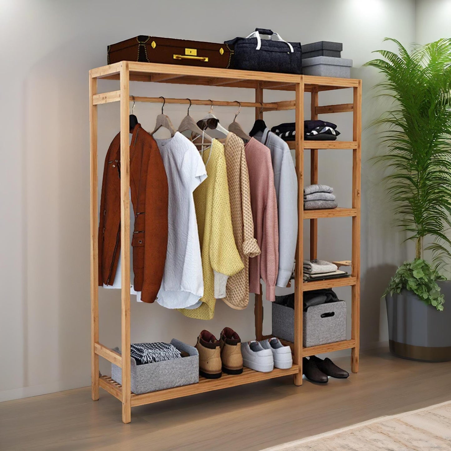 natural wooden bamboo clothes rail with 5 shelves open wardrobe garment rail garment rack