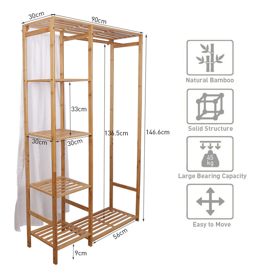 natural wooden bamboo clothes rail with 5 shelves open wardrobe garment rail garment rack