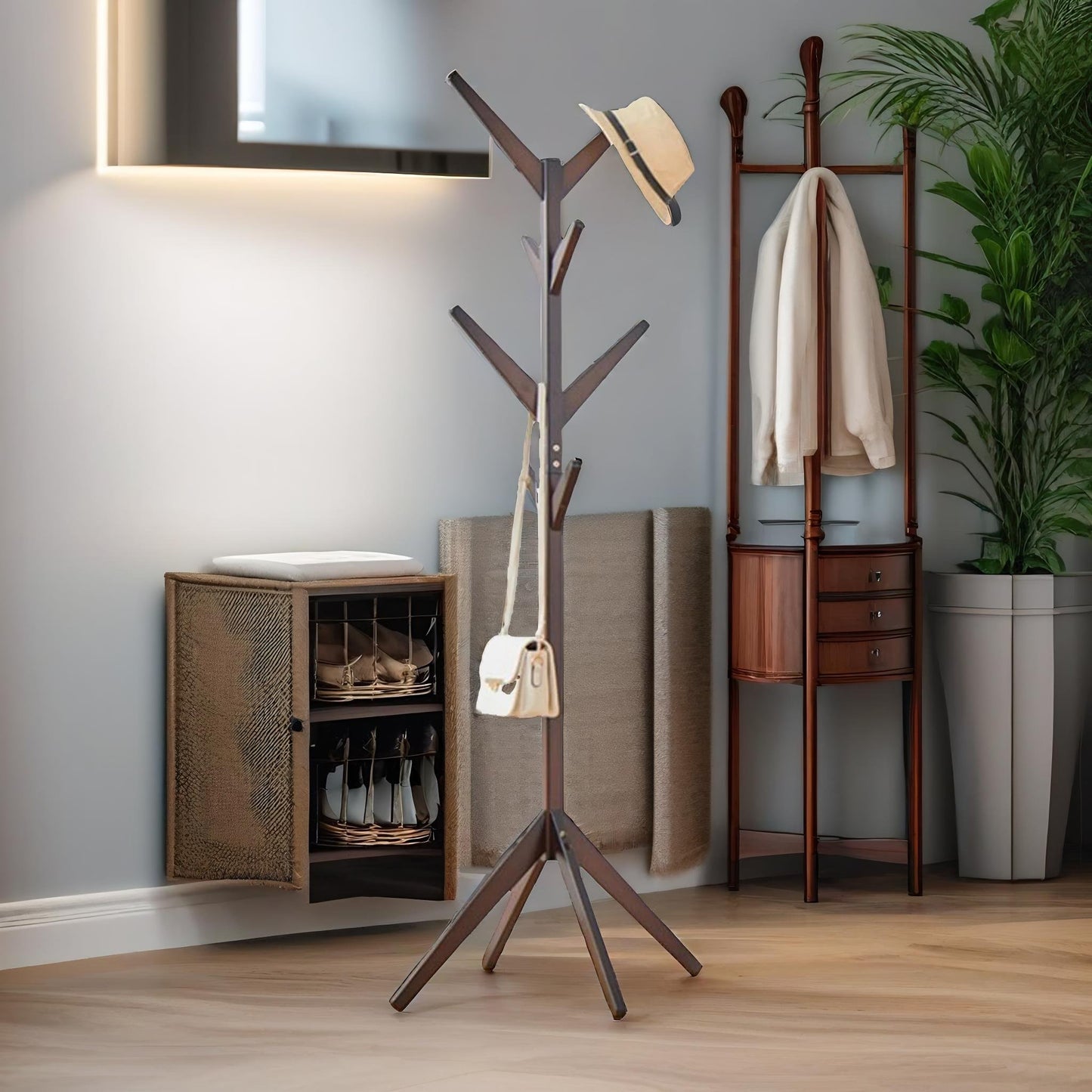 wooden coat stand with 8 hooks natural brown