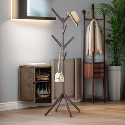 Wooden Coat Stand With 8 Hooks Natural Brown