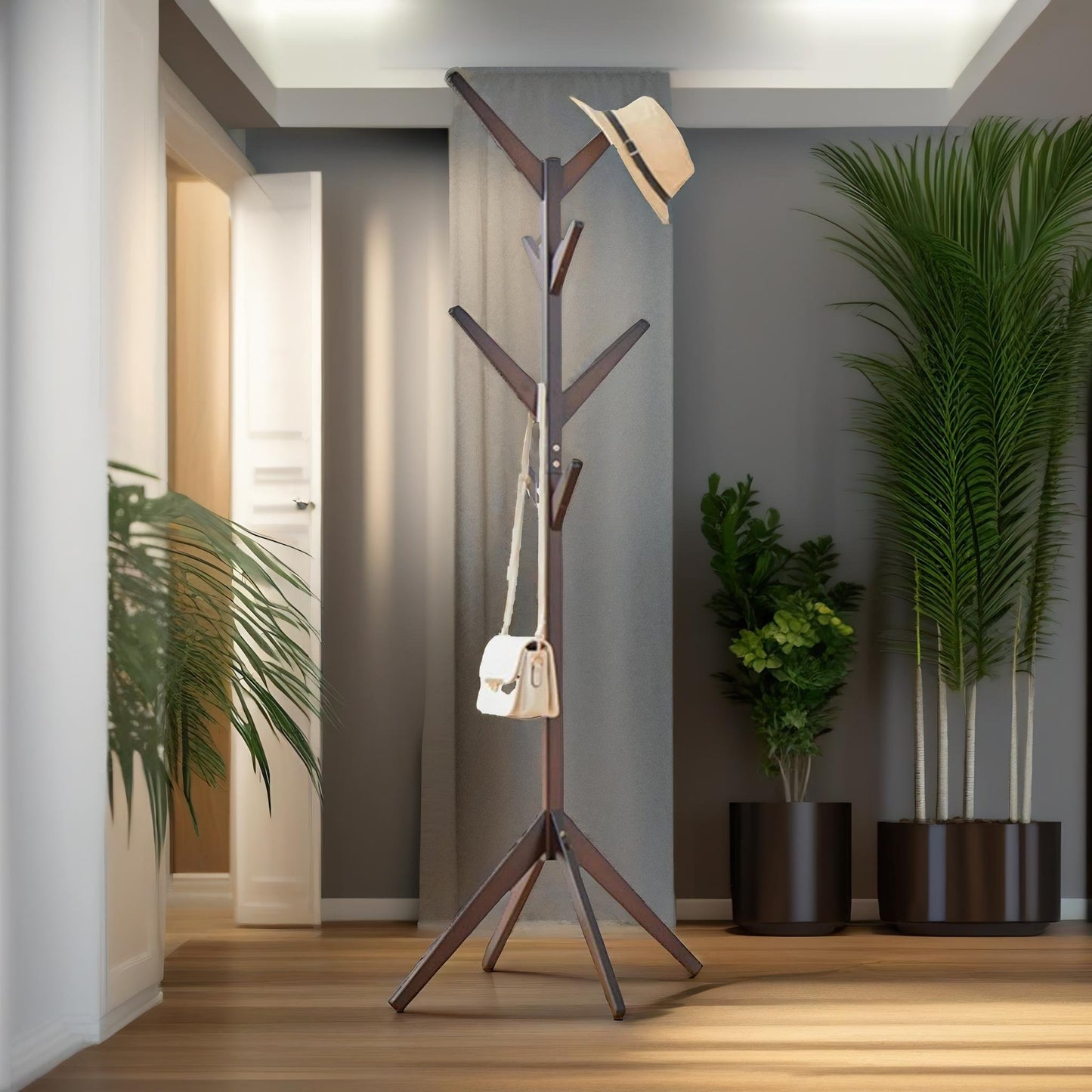 wooden coat stand with 8 hooks natural brown