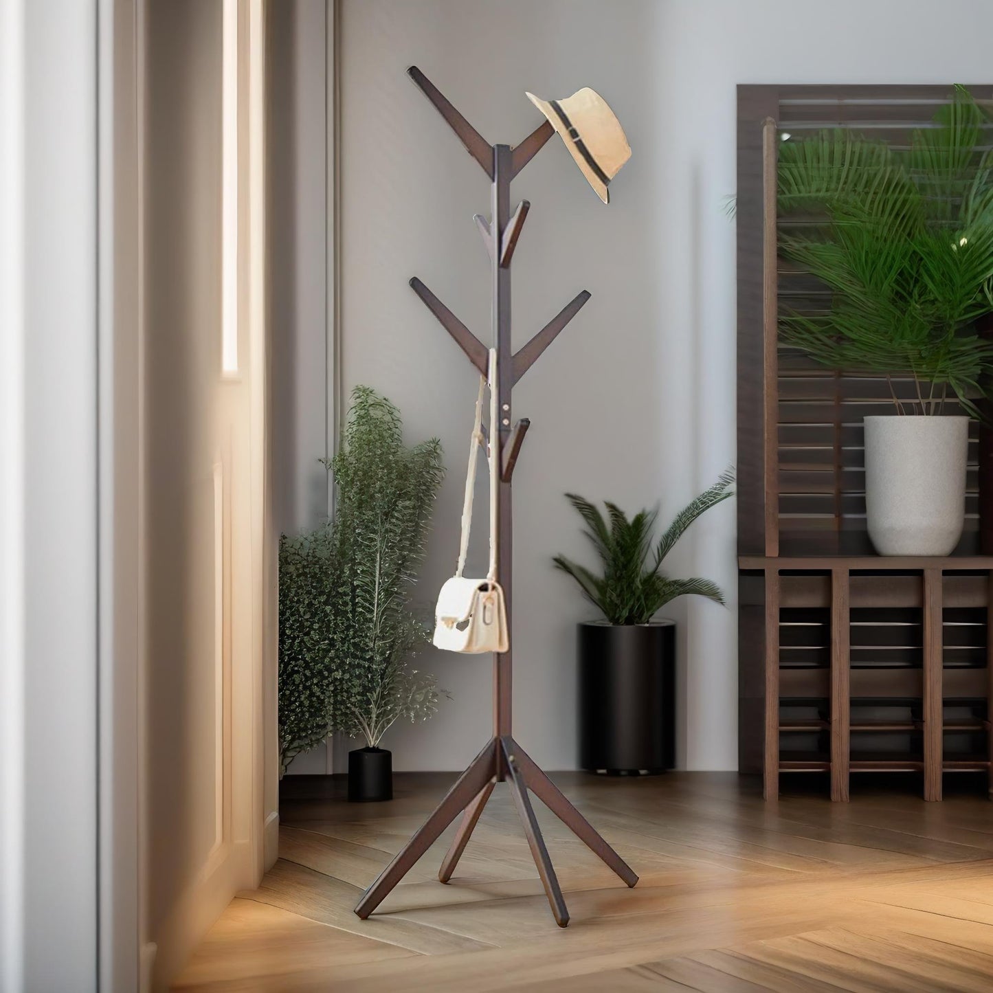 wooden coat stand with 8 hooks natural brown