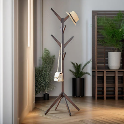 Wooden Coat Stand With 8 Hooks Natural Brown