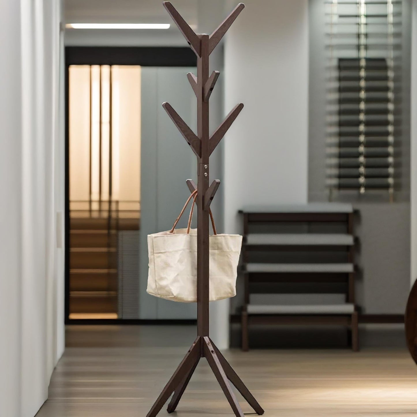 wooden coat stand with 8 hooks natural brown